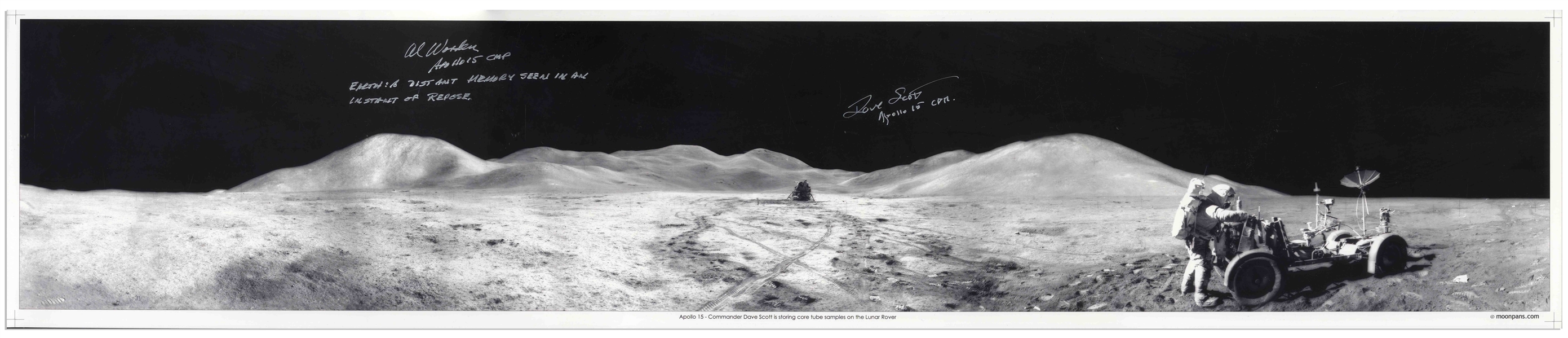 Al Worden & Dave Scott Signed Panoramic 40.5'' x 8.5'' Photo of the Moon's Surface -- Worden Additionally Writes His Famous Quote About Seeing Earth From the Moon